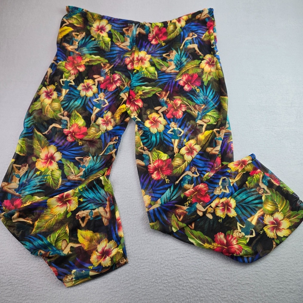 Kathy Ireland Tropical Mesh Wide Leg Pants Lrg Pin Up Hula Hawaii Floral Rave